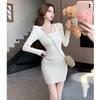Transfronterizo 2025 Invierno Nuevo Estilo Coreano Elegante Cuello Cuadrado Mangas Abullonadas Aspecto Adelgazante Falda Base Vestido de Punto