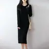 Otoño Invierno Cuello Redondo 100% Lana Tejido de Punto Canalé Vestido Falda Largo Mujer Adelgazante Holgado Capa Base Vestido de Lana