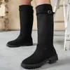 Botas Altas Retro de Gamuza Europeas y Americanas para Mujer Hebilla de Cuero Tacón Grueso Botas Largas Otoño e Invierno Botas de Caballero del Oeste Suministro Transfronterizo