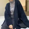 Cardigan suéter de pele de vison azul para mulheres, primavera e outono, estilo casual e relaxado, modelagem solta, top de malha macio e confortável
