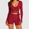 Top de yoga de manga larga transfronterizo para mujer, top de yoga con tiras cruzadas en la parte delantera, estilo ballet, versátil para deportes y fitness