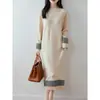 Novo Vestido de Malha Vintage Outono/Inverno Lã Pura Gola Redonda Meio Alta Manga Longa Jacquard Vazado Midi