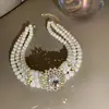 Colar de Pérolas de Múltiplas Fileiras com Diamantes de Cristal Atmosfera Exagerada Europeia e Americana Gargantilha Curta Colar Celebridade da Internet Retrô para Mulheres