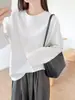 Camiseta blanca de manga larga para mujer, estilo coreano, de longitud media, corte holgado, color liso, versátil, cuello redondo, se puede usar como capa interior o exterior, adecuada para primavera y otoño