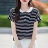 Primavera y Verano Nuevo Color Sólido Cuello de Muñeca de Algodón Cuello Vuelto Tejido Manga Corta Color Sólido Jersey Camiseta Base Top Rayado