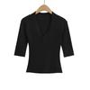 7590-25 Primavera Novo Estilo Europeu e Americano Sexy Sexy Decote V Profundo Manga Três Quartos Retalhos Casual Camiseta Básica