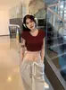 Ins Spice Girls Sexy Ombligo Corto Camiseta de Color Sólido para Mujer Nueva Ajustada Adelgazante Pura Cuello U Top Base para Mujer T-marea
