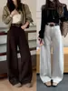 26 Otoño Nuevo Estilo Algodón Tencel Retro Francés Color Café Holgado Pierna Ancha Rectos Jeans 32013
