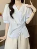 Camisa azul fruncida de manga corta con cuello en V para mujer, nuevo estilo de verano, talla grande, diseño de cintura entallada, top elegante de manga corta