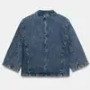 Chaqueta Vaquera Corta Vintage Lavada con Cuello Alto, Manga Tres Cuartos, Bolsillos Oblicuos, Chaqueta Vaquera Casual para el Trabajo, Ropa para Mujer al por Mayor