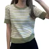 888# Camiseta de manga corta para mujer, verano, estilo ins, celebridad de internet, nueva 2025, top corto ajustado, camisa de punto a rayas retro