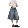Calças jeans de comprimento médio estilo Jin Jing, shorts casuais de perna larga estilo retrô americano, shorts retos soltos unissex de verão
