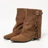 Venta Caliente al por Mayor Botas de Media Caña con Borlas Europeas y Americanas para Mujer Botas de Cuero Cómodas con Hebilla Resistentes al Desgaste Botas Vaqueras Botas para Pantalones Zapatos de Mujer de Comercio Exterior