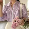 Comércio Exterior Transfronteiriço AliExpress estilo vintage de primavera gola virada dois bolsos solta cor clássica em blocos manga longa listrada camisa