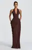 Vestido de Noche Halter Europeo y Americano con Escote en V Profundo para Mujer Cintura Fruncida Diseño de Abertura Alta Fiesta Elegante Vestido de Color Sólido