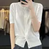 Moda Em Torno Do Pescoço Cor Sólida Cintura Apertada Emagrecimento Fivela Curta Meia Manga Lã Penteada Nova Malha Cardigan Manga Curta