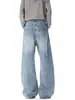 Jeans de patchwork desconstruidos con botones para hombre, ropa de trabajo estilo americano, pantalones anchos vintage de moda con bragueta diagonal