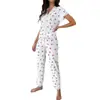 Pijama de Mujer Estilo Europeo y Americano Transfronterizo Otoño e Invierno Sexy Cuello en V Encaje Estampado de Cerezas Camiseta Pantalón Ajustado Ropa para el Hogar