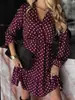 Exportação Transfronteiriça Amazon 2025 Nova Moda Outono e Inverno Doce Vestido de Bolinhas com Decote V Manga Longa Cintura Elástica