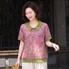 Blusa de verão fina estampada de manga curta com lapela para mulheres de meia-idade e idosas, solta, versátil, camiseta casual, plus size