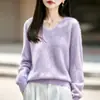 Novo suéter de lã com gola V para outono e inverno para mulheres, soltinho e aconchegante, top de malha escovada de pelo longo quente para usar em camadas