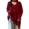 Suéter de Tricô com Gola V Solto e Fita Estilo Delicado Feminino 25 Anos Outono e Inverno Novo Tricô Estilo Preguiçoso Top Outer