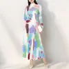 Miyake Moda Top Ajustado Diseño Femenino Alta Elasticidad Plisado Manga Larga Camisa Base Camiseta Delgada Estampada para Mujer