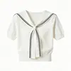 Venta al por mayor de pequeñas cantidades de tops de punto blancos, sencillos y versátiles para primavera y verano, con cuello de chal y manga corta