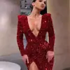 2027 Transfronterizo Amazon Wish Ropa Europea y Americana para Mujer Vestido Sexy de Lentejuelas Ajustado de Manga Larga con Escote en V Profundo y Falda Larga con Abertura Ins