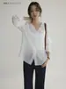 Camisa de Lino Ramio de Alta Gama con Cuello en V y Manga Larga para Mujer, Estilo Francés, Ligeramente Transparente, Casual Versátil