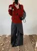 Cardigã Tricotado 100% Lã Pura com Gola Redonda e Botões Dourados para Mulheres, Casaco Suéter Outono e Inverno, Suéter de Lã Artístico Retrô