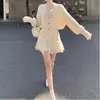 Conjunto de Tres Piezas de Moda con Cardigan de Punto de Cuello V con Abertura, Camisa de Encaje y Falda de Cintura Alta, Nuevo Estilo Primavera y Otoño 2025
