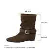 Botas de Cano Curto Femininas 2026 Novas com Aumento de Altura de 6cm, Couro Trançado Vintage com Fivela, Bico Quadrado, Botas Finas Plissadas Empilhadas, Botas da Moda