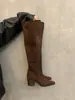Botas longas femininas de salto grosso, bico fino, emagrecedoras, over-the-knee, novos estilos outono e inverno, na cor cáqui, botas longas retrô