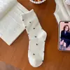 Meias florais azul escuro estilo universitário para mulheres, meias de cano médio com laço de menina japonesa, meias largas listradas sem costura estilo coreano