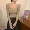 Al por mayor transfronterizo coreano otoño e invierno estilo extranjero cuello en V ajustado Joker manga larga camiseta suéter interior elegante top para mujer