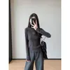 Estampa de Letra Simples~Algodão de Torção Forte de Alta Qualidade Sarja Elástica Manga Longa Cor Sólida Camiseta Base Feminina 26 Novo H091906