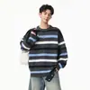 Suéter de Tricô Texturizado Color Block Listrado Retrô Americano para Homens, Outono Estilo Preguiçoso Sensação Solta Malha de Gola Redonda para Casais