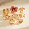 Conjunto de Oito Peças de Anéis Abertos Estilo Europeu e Americano de Metal com Gotejamento de Óleo, Pérola, Estrela-do-Mar, Flor, Anéis Personalizados Estilo Feriado para Dedo Indicador, Joias