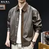 Chaqueta de Cuero Estilo Old Money Retro de Gama Alta para Hombre Otoño Patchwork Solapa Holgada Chaqueta Abrigo