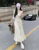 [Qualidade Tik Tok] Vestido de Suspensório Cor Sólida Desejo Puro Saia Evasê Vestido Colete Verão Novo Cintura Larga Saia Longa