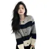 Elegante Cárdigan Suéter Rayado Color Block para Mujer, Estilo Perezoso Vintage Otoño/Invierno Suéter de Punto Suave para Mujeres Petite