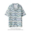 Camisa de Manga Curta com Design de Cor Contrastante Texturizado Vazado Estilo Feriado Estilo Coreano Camisa Casual Solta de Verão para Homens