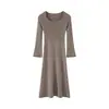 2026 Nuevo Otoño Invierno 100% Lana Vestido Largo de Punto para Mujer Manga Larga Por Encima de la Rodilla Adelgazante Favorecedor Suéter de Capa Interior