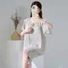 Pijama de Algodón Lyocell para Mujer, Verano Manga Corta con Lazos Nuevo Estilo Chino Holgado Ropa de Casa con Almohadillas en el Pecho, Tiktok