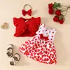 2025 Jaqueta Curta Sem Mangas com Babados para Bebê Menina Vestido Curto Sem Mangas com Coração Conjunto Macacão de Verão Faixa de Cabelo