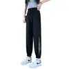Pantalones finos de seda helada de verano para mujer, pantalones deportivos negros para mujeres menudas, pantalones frescos de gasa con puños, secado rápido, de nueve puntos, anti-mosquitos