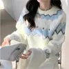 Suéter Fair Isle Retrô Diamante Gola Redonda Feminino Outono Inverno Estilo Preguiçoso Senso de Design Bordado Bloqueio de Cores Tricô Grosso