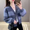 Cárdigan de Punto Rayado con Bloques de Color Retro Nuevo 2026 para Mujer, Estilo Clásico de Moda, Suéter Casual de Corte Ajustado para Mujer