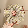 Elástico de Cabelo Floral Verde Retro Coreano com Pregas de Tecido e Laço, Acessório de Cabelo Estilo Fresco para Rabo de Cavalo